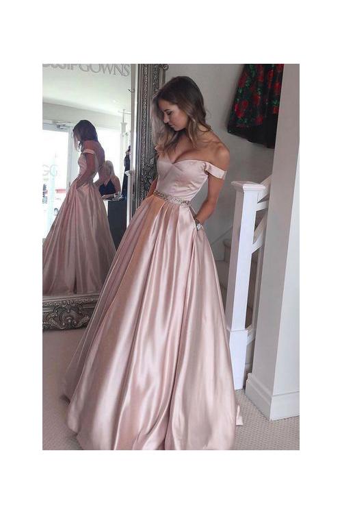 Off Shoulder Long Satin Prom Dress with Beading Band 