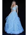 Modern Two Piece Sequin Lace Off Shoulder Long Sky Blue Tulle Prom Dress