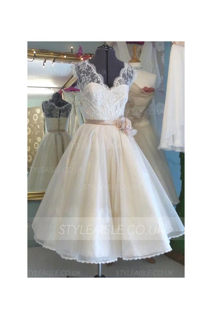 V Neck Tea Length Lace Detailling A-line Organza Short Wedding Dress with Flower Ribbon 
