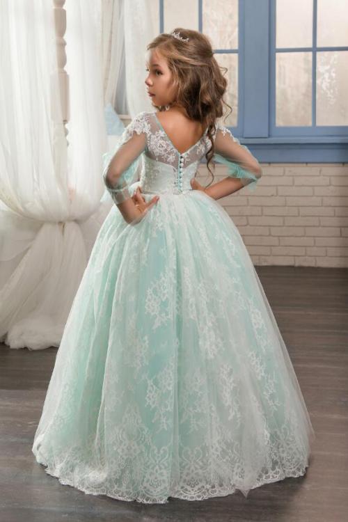  Princess Jewel Long Sleeve Lace ocverlay Tulle Mnt Flower Girl Dresses