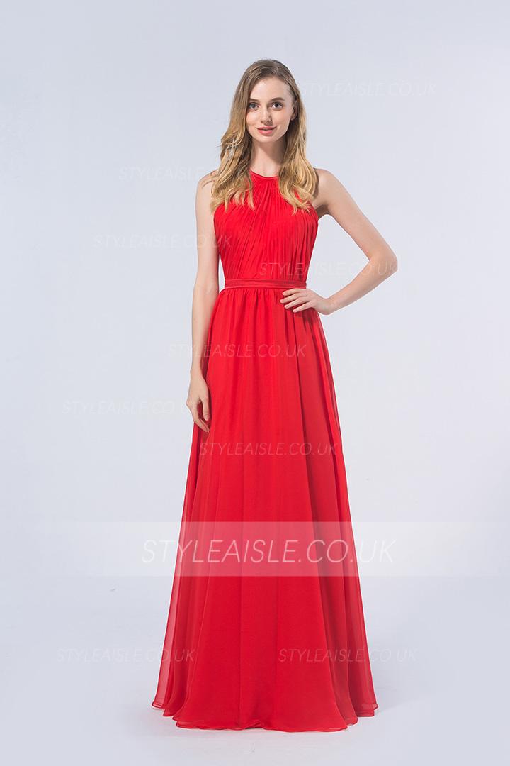 Red A-line Halter Sleeveless Long Red Chiffon Bridesmaid Dress