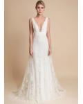Sexy Ivory A-line Deep V-neck Sleeveless Lace Sweep Train Long wedding dresses