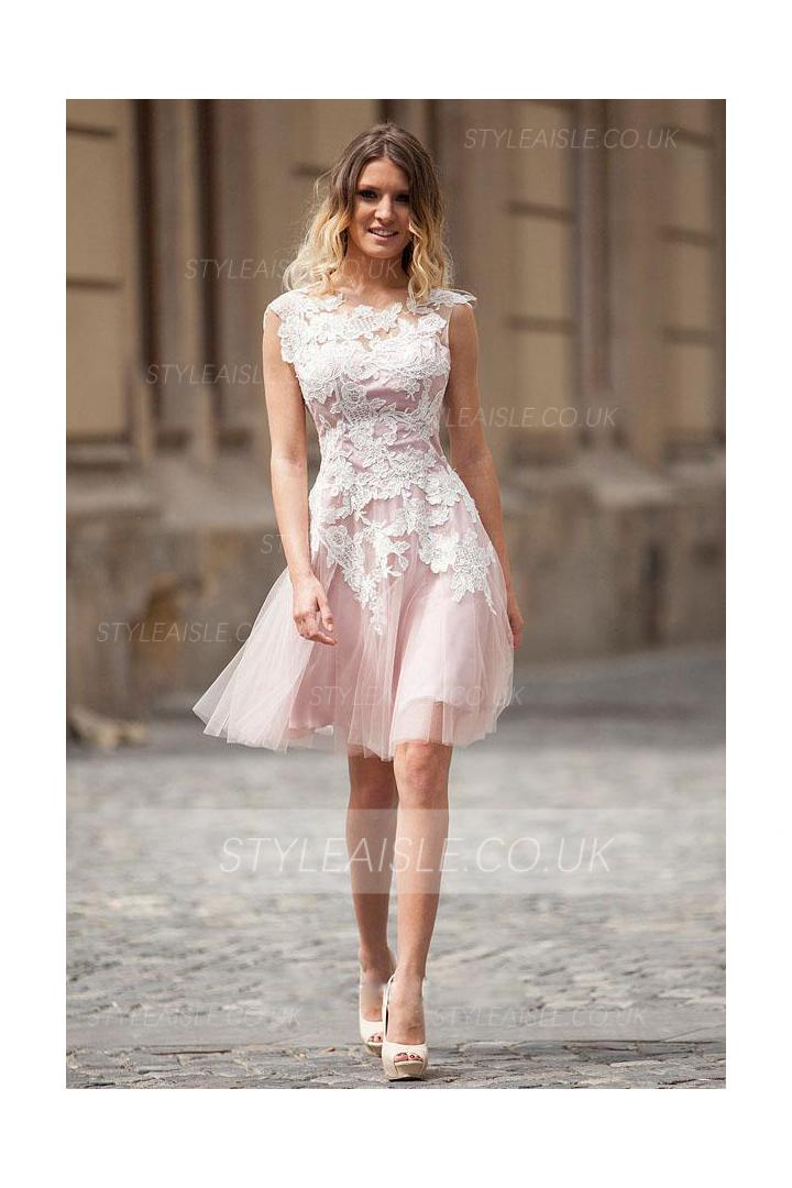  A-line Bateau Cap Sleeve Appliques Lace Knee-length Short Prom Dress