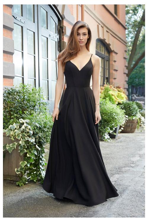 Slim Spaghetti Straps Long A-line Black Bridesmaid Dress