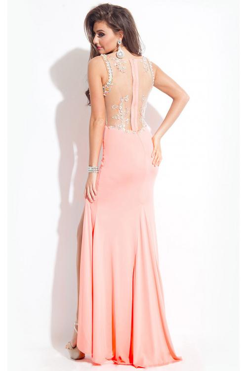 Halter Neck Sleeveless Long Split Sheath Long Jersey Prom Dress with Crystal Embellishedment 