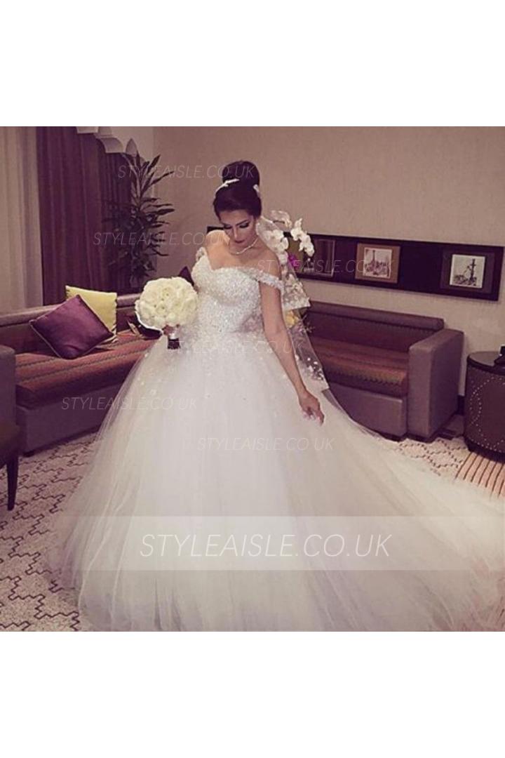 Off-the-shoulder Ball Gown Tulle Long Wedding Dress with Beading and Hand Made Flowers